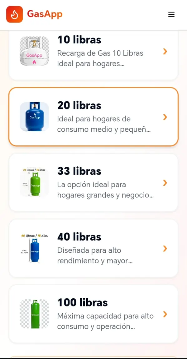 Lista de tamaños de cilindro en la app GasApp: 10, 20, 33, 40 y 100 libras